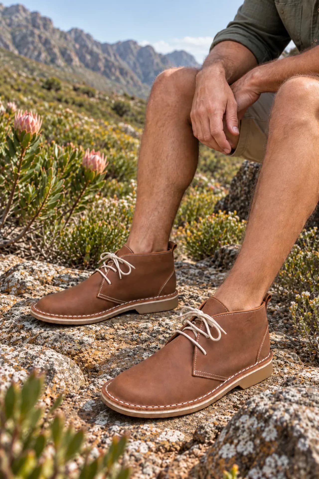 Man wearing tan leather vellies with cream laces, sitting on rocks among fynbos and proteas in the Cape mountains